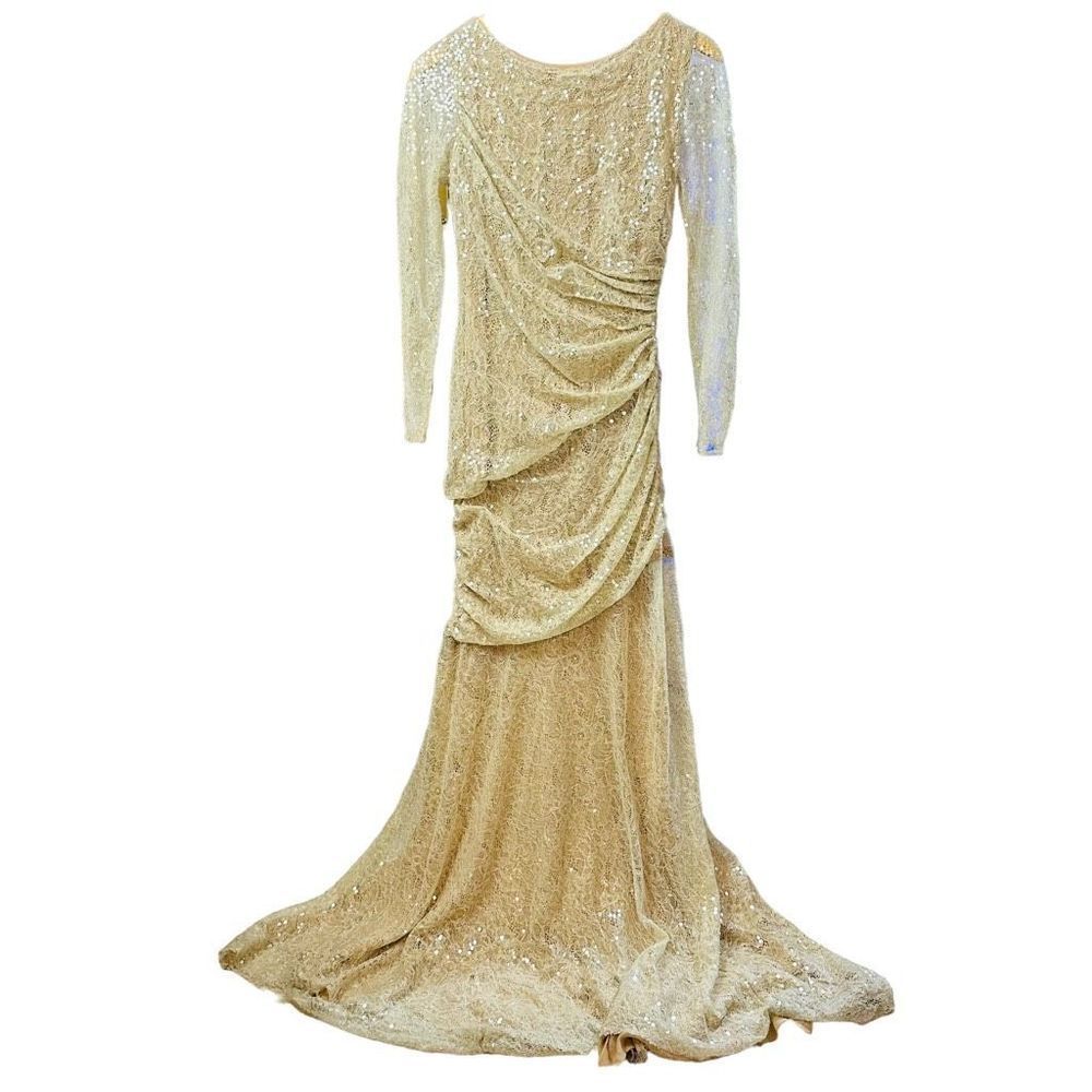 Carmen Marc Valvo Cream Sequined Size 8 Rouched Long Sleeve Gown